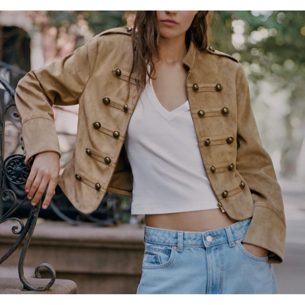 Zara Faux Suede Jacket With Frog Fastening Zip-Up Long Sleeves Solid Camel XS